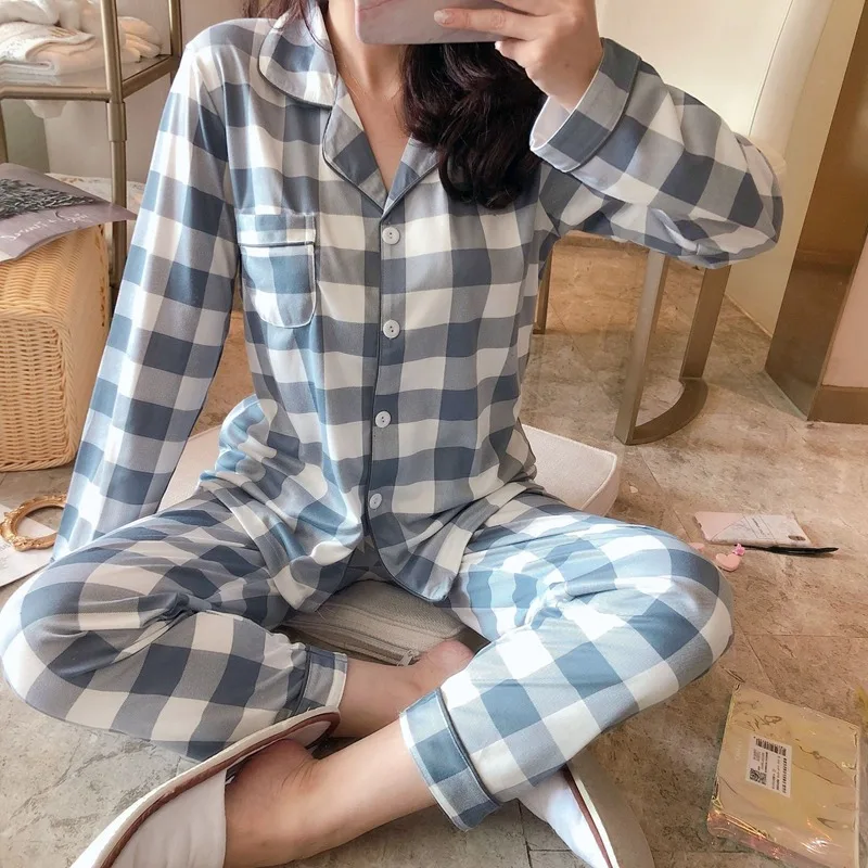 

Korean Style Plaid Printed Pajamas Set for Women 2021 Autumn Full Sleeve Long Pants 2 Pieces Set Casual Loose Sleepwear Homewear