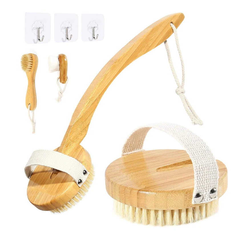 

Щетка для сухой чистки тела CLPAIZI, деревянная щетка для душа, щетка для спины с длинной изогнутой съемной ручкой, скруббер для спины