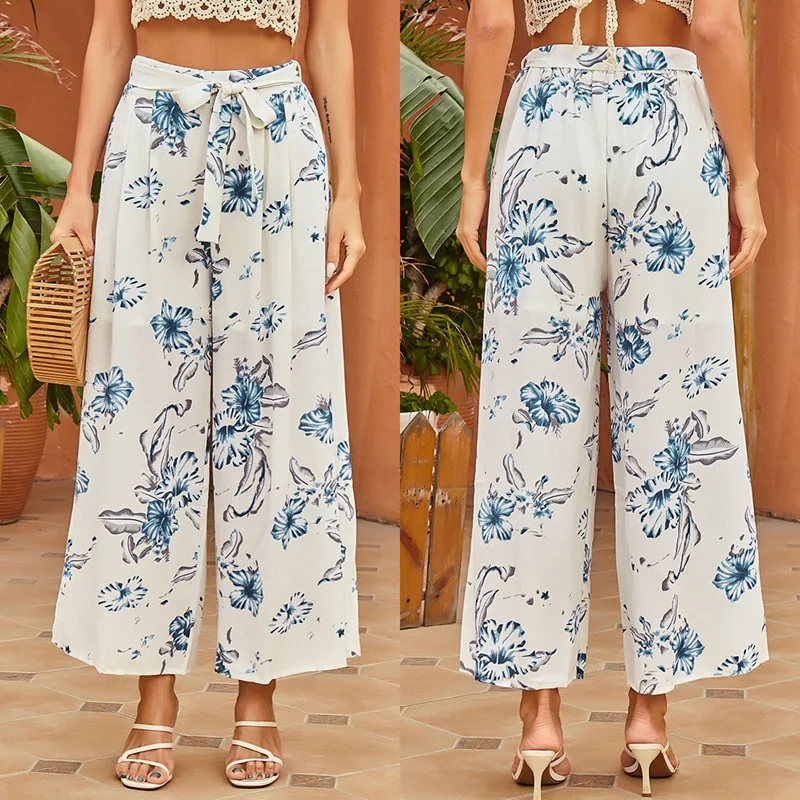 

Women's Printed Wide Leg High Waist Loose Straight Pants White