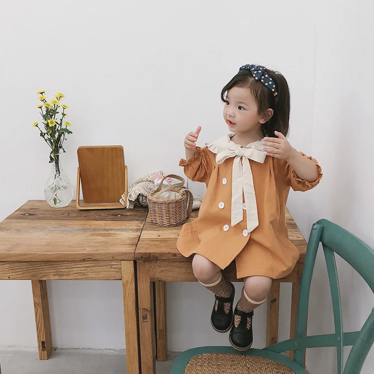 Осеннее детское хлопковое двубортное платье большого размера с бантом и