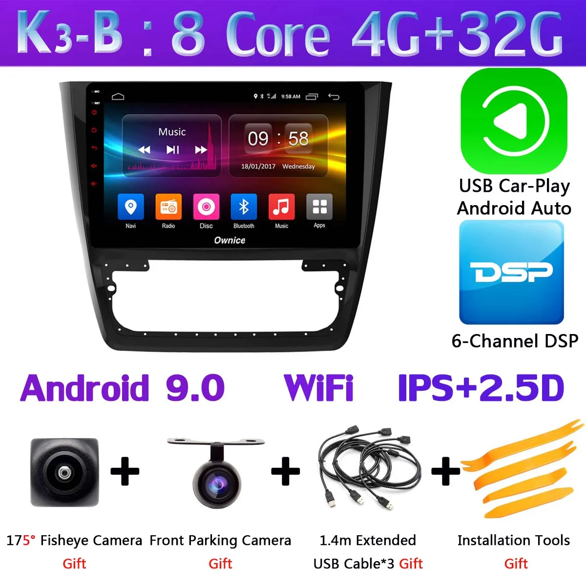 K3-B-CarPlay 360°×4 DVR AHD камера 4G LTE 4G+ 64G Android 9,0 DSP CarPlay gps Navi Радио автомобильный мультимедийный плеер для Skoda Yeti 2009 - Цвет: K3-B-CarPlay