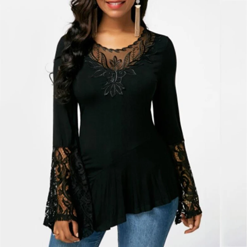 

Autumn fashion casual round neck solid color long-sleeved lace stitching irregular T-shirt tops women