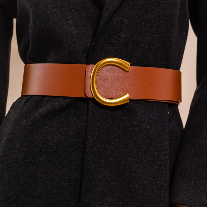 

New Design Wide Belts Soft Faux Leather Black Brown Waist Strap Woman Vintage Alloy Big Buckle Waistbands For Dress Coat Women