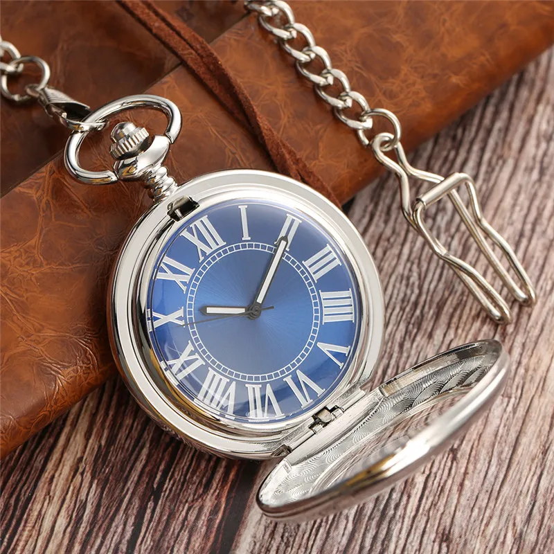Antique Silver Unisex Pocket Watch Automatic Mechanical Watches for Men Women Roman Number Dial Pendant Clock Luminous Hands