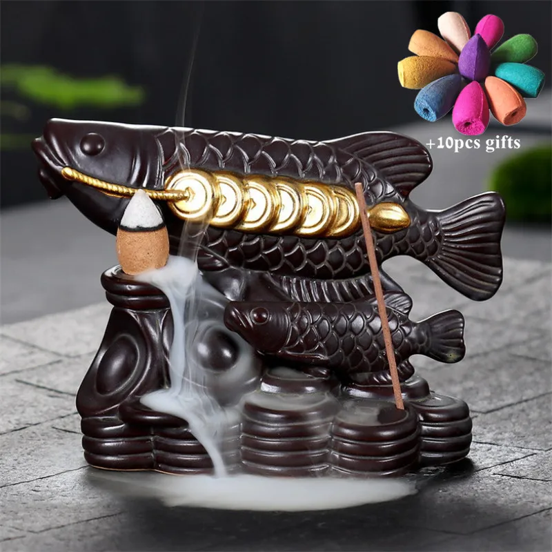 Ceramic Money Fish Incense Backflow Burner Smoke Waterfall Aroma Censer Stick Holder Home Decor + 10pcs Cones | Дом и сад