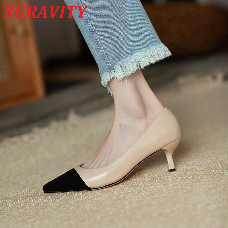 

XGRAVITY 2021 New Classic High Heel Summer Pumps Sexy Super High Heels Pointed Toe Ladies Shoes Woman Genuine Leather Shoes B344