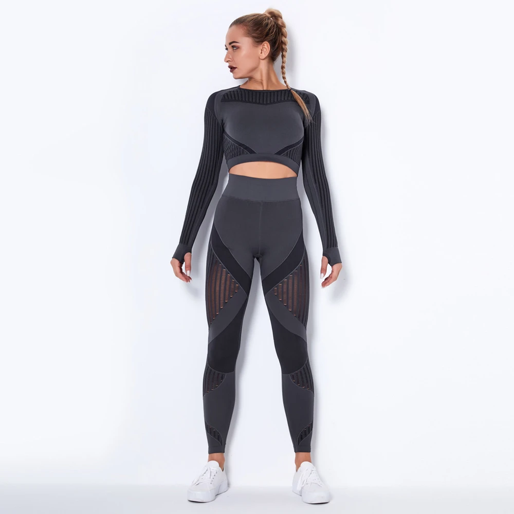 Gym Sport Set Women Mesh Yoga Set Workout Clothes For Women Long Sleeve Crop Top Sexy Seamless Leggings Women Fitness Clothing