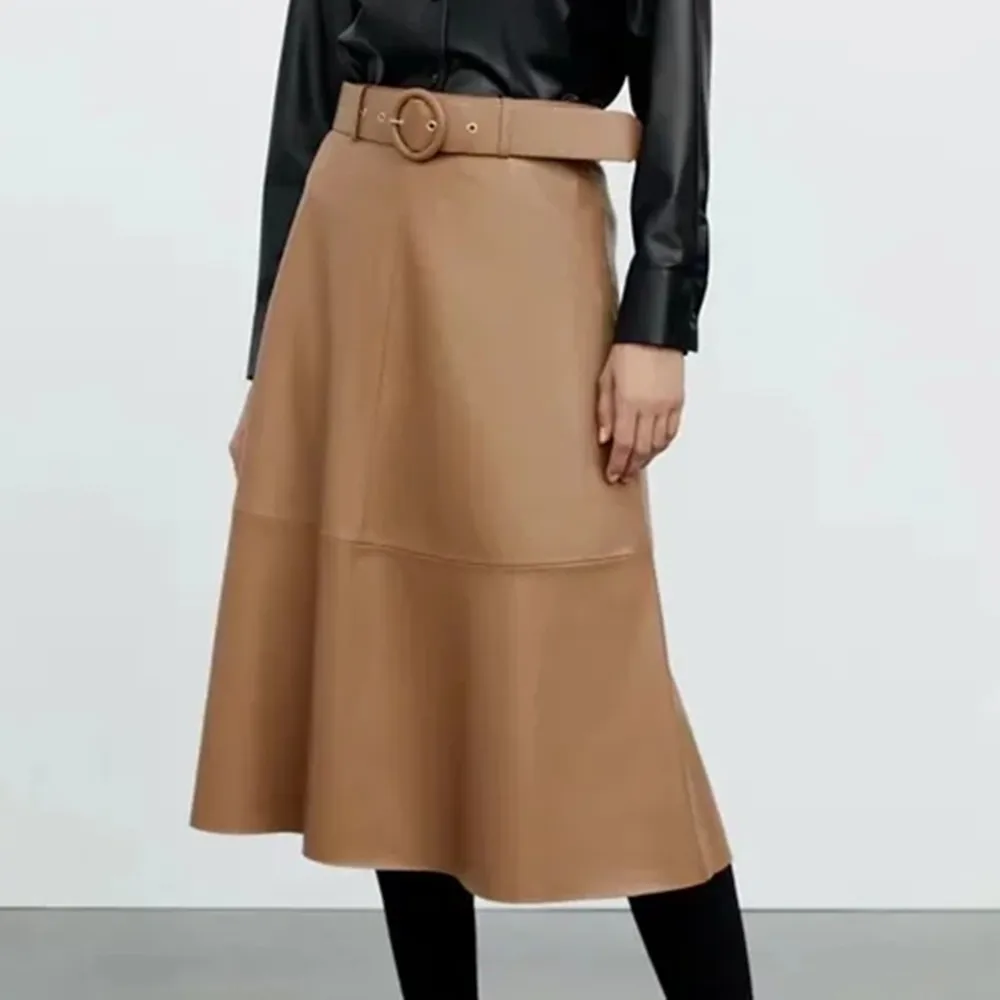 

2021 Belted Cape Skirts Women Fashion High Waist Solid Elegant Midi Skirt Casual Chic Side Zip Faux Leather Autumn Woman Skirt