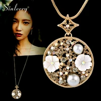 sinleery round flower long pendant necklace yellow gold color colorful zircon pearl necklace for women jewelry zd1 ssi