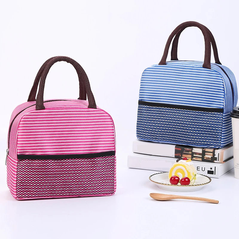

Портативный Ланч-бокс в полоску, Термоизолированный Ланч-бокс, сумка-холодильник, мешок для бенто, школьный контейнер для хранения еды
