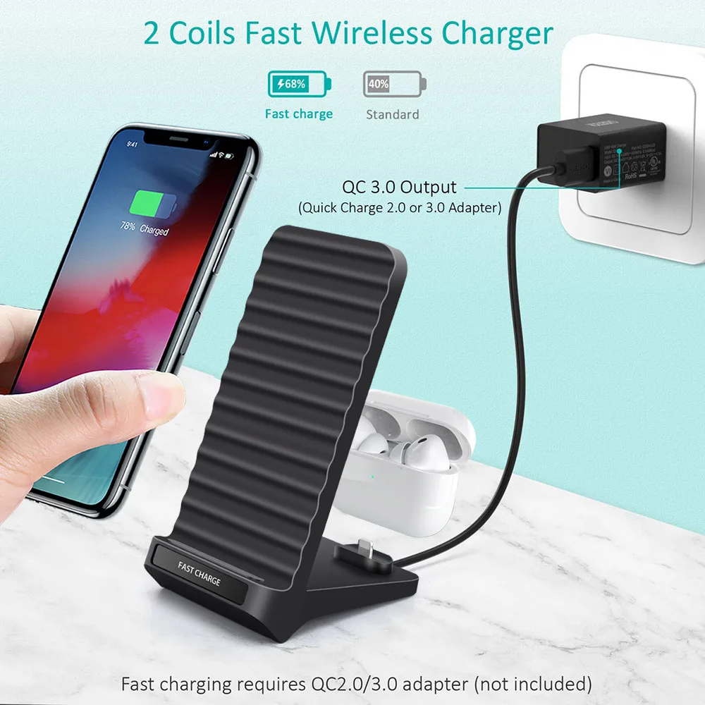 Беспроводная зарядная док-станция DCAE 2 в 1 Qi для iPhone 11 XS XR X 8 Airpods Pro Samsung S20 S10 Type C 15 Вт