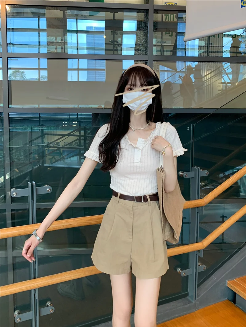 Кружевная футболка с коротким рукавом в иностранном стиле | Женская одежда