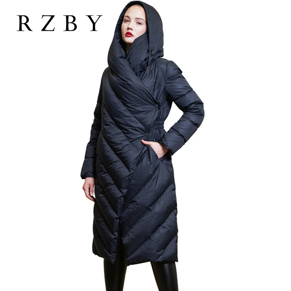 

RZBY Women Down Jackets Long 90% White Duck Down Thickened Down Parka Puffer Hooded Coat Warm Irregular Fluffy Outwear RZBY002