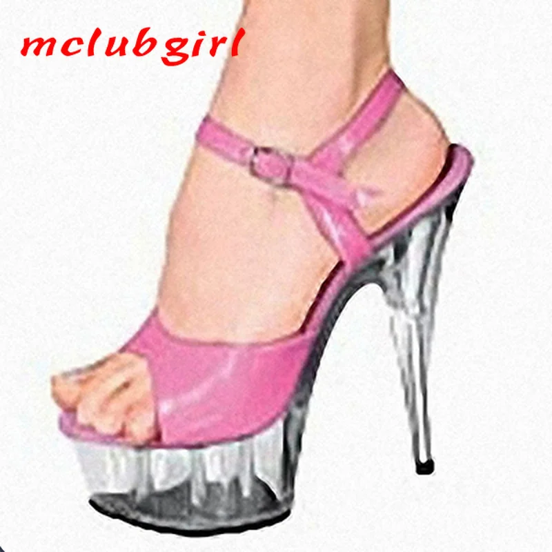

Mclubgirl 15cm Heels New Pure Color Patent Leather Thin Heel Fish Mouth One Word with Sexy All-around Fashionable Sandals LYP