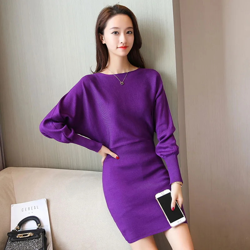Autumn Winter 2021 Elegant Short Knit Drsses For Women Purple Red Slash Neck Collect Waist Slim Sheath Dress Femme | Женская одежда