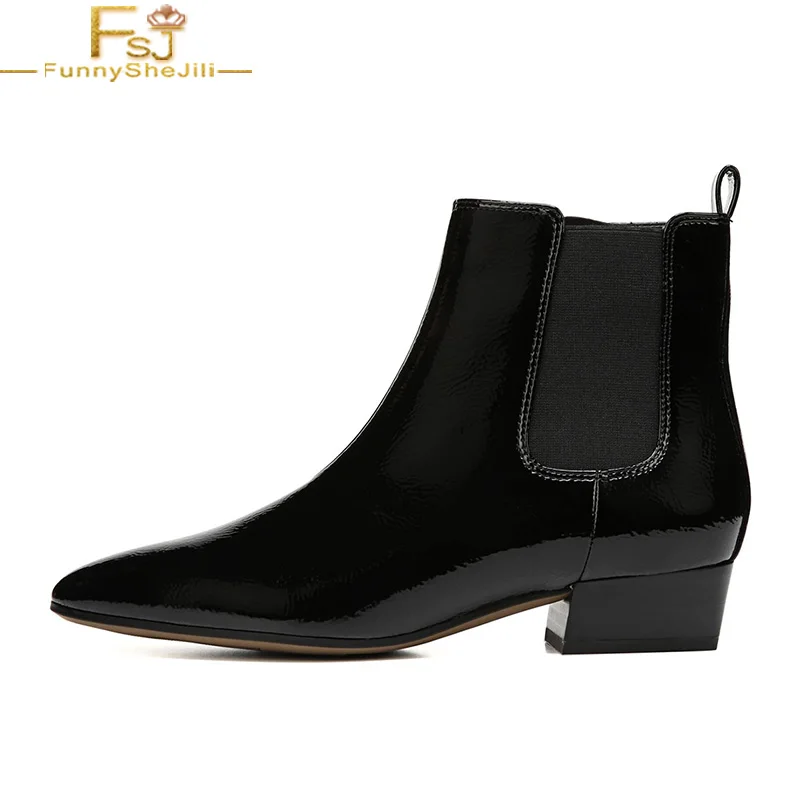 

Black Ankle Boots High Chunky Heels Woman Pointed Toe Chelsea Booties Zip Large Size 14 16 Lady Patent Leather Elastic Shoes FSJ