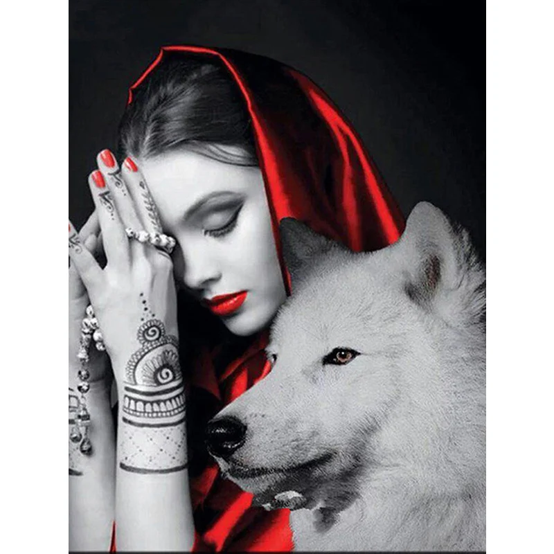 5D алмазная живопись полный красный головной платок девочка и волк Алмазная
