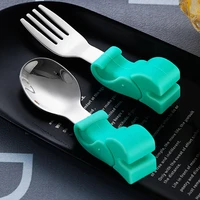 silicone stainless steel non slip baby tableware cutlery short fork spoon solid food training feeding for baby kid children gift