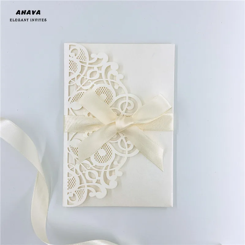 

free shipping 50X Laser Cut Tri-fold ivory Lace floral pocket fold Wedding Invitation Card Invite RSVP Customize envelope