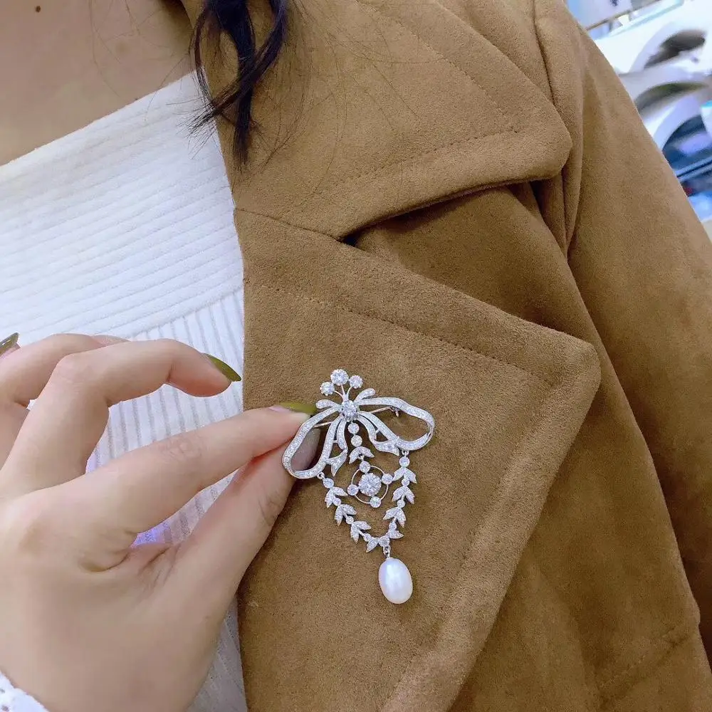 Женская Брошь из серебра 925 пробы с натуральным пресноводным жемчугом и