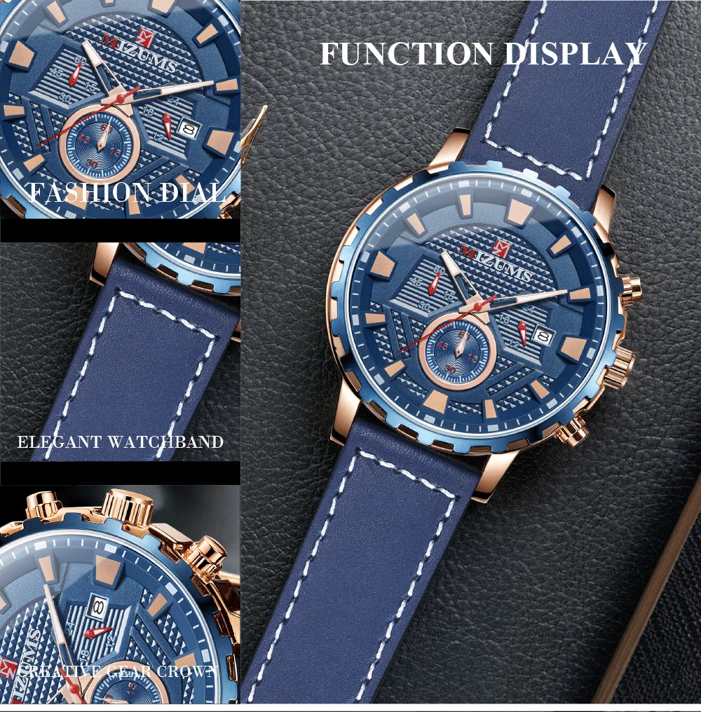

MIZUMS Brand Luxury Business Watch Men's Watch Casual Leather Waterproof Chronograph Fashion Men's Sports Quartz Clock Relogio M