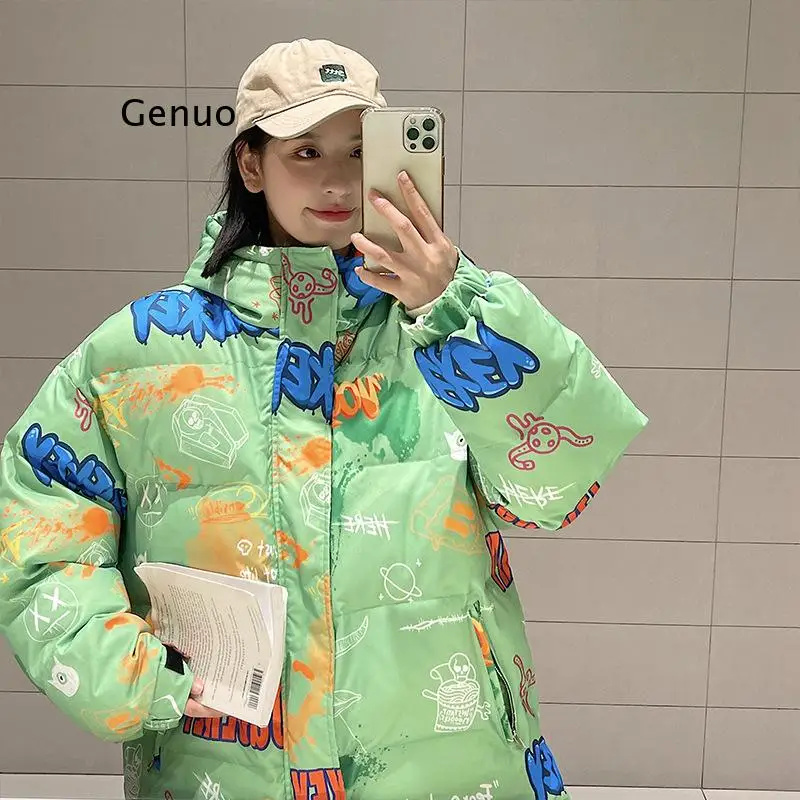 Down Cotton Jackets Hooded Men Thick Warm 2021 Graffiti Print Streetwear Winter Jacket Women Loose Oversize Coat