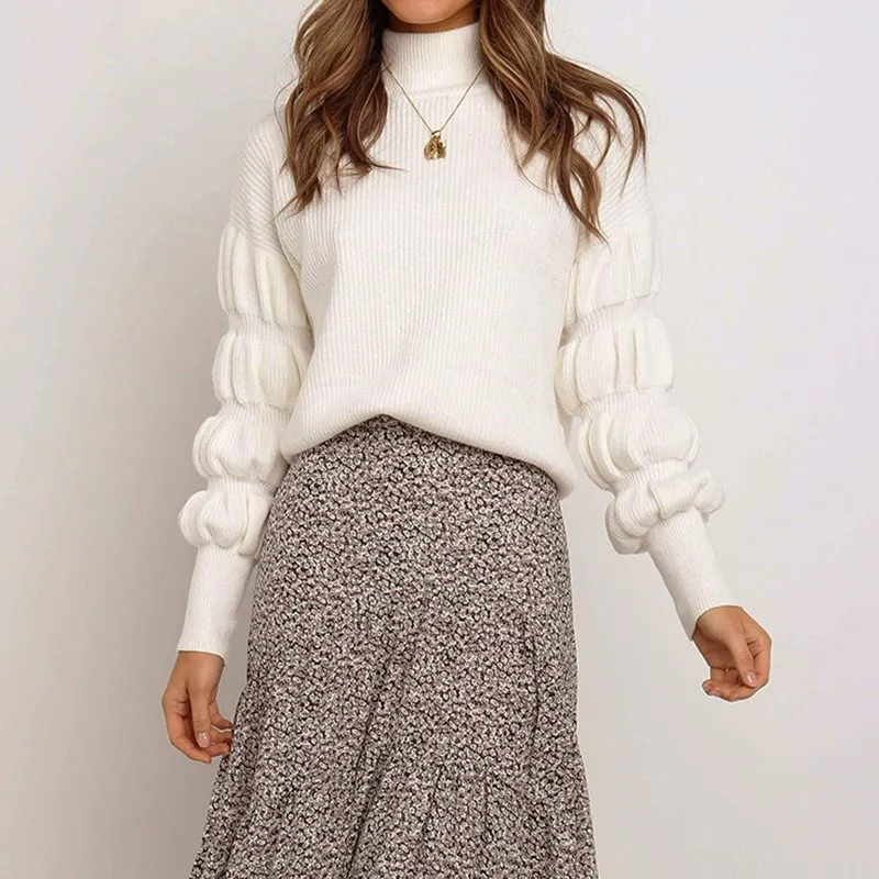 Lantern Sleeve Casual Turtleneck Sweater Women Black White Loose Knit Pullover Pullovers Fall Red Winter Sweaters | Женская одежда