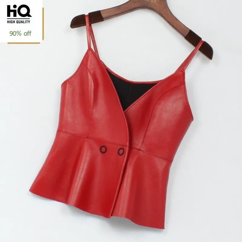 2020 Модный черный красный однотонный жилет из натуральной овечьей кожи без