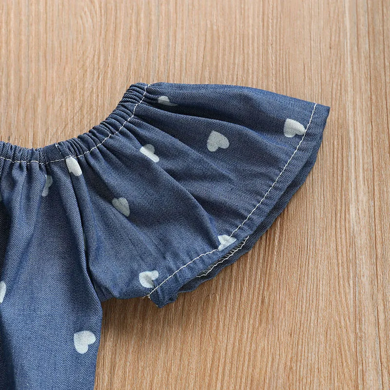 

Pudcoco 2Pcs 0-24 Months Summer Love Newborn Baby Girls Denim Blue Cotton Outfits Short Sleeve Bodysuit+Headwear Clothes