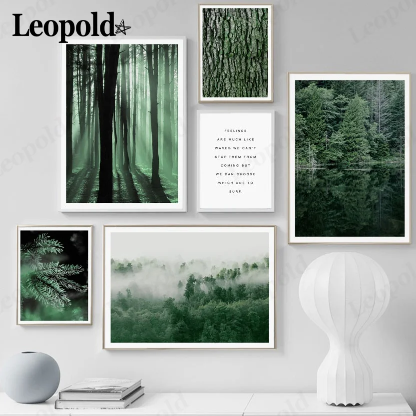 

Nordic Forest Canvas Poster Green Plants Woods Mist Letter Painting Wall Art Modern Home Living Room Decoration