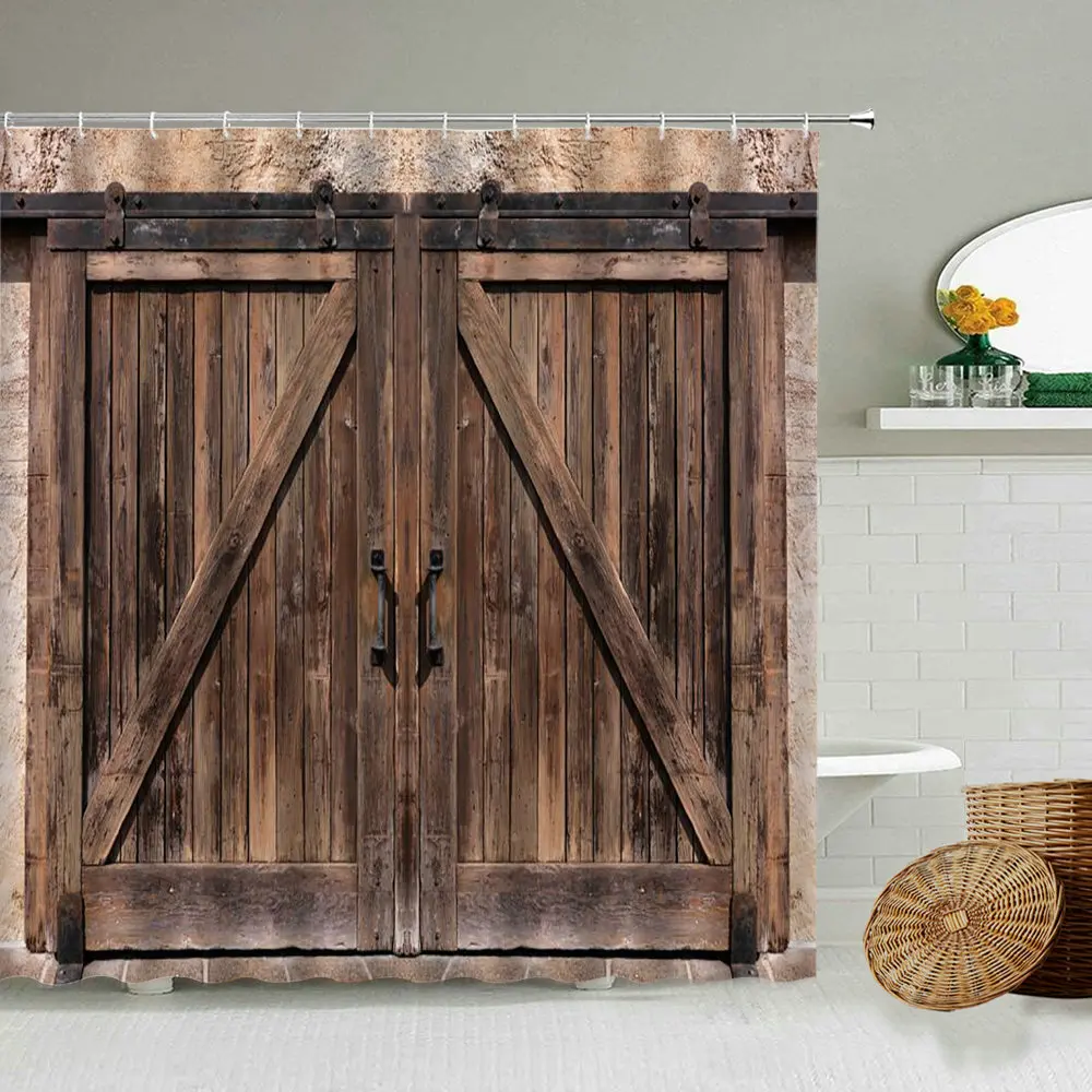 

Retro Old Geometric Wooden Door Shower Curtain Country Farmhouse Barn Wood Board Home Bathroom Decor Gift With Hook Curtains