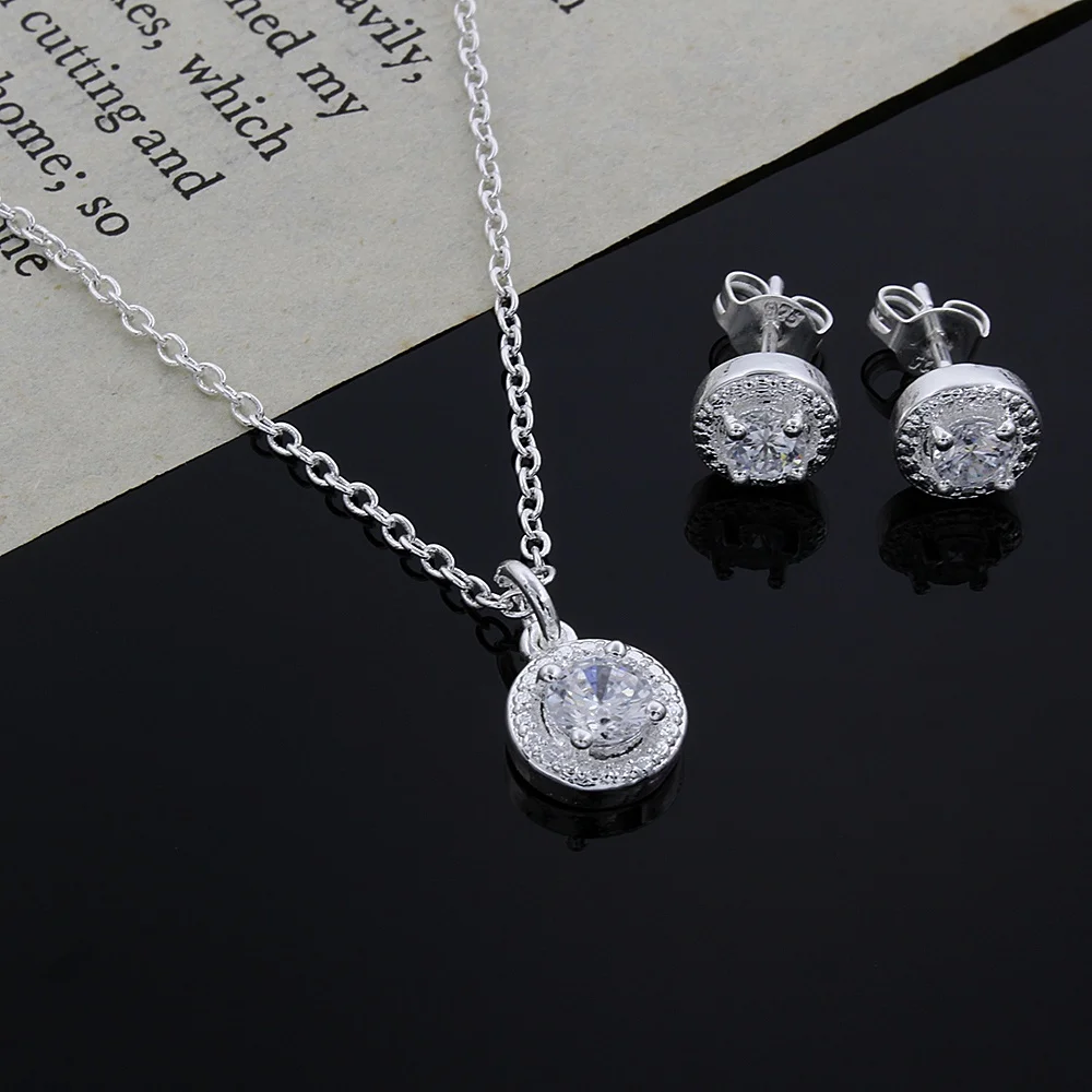

925 Color Silver Necklace Earring Set promotion Lover gifts cute fashion noble women shiny crystal CZ jewelry set Wedding
