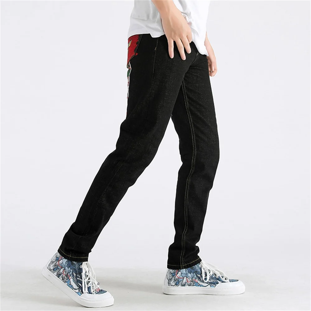 EH·MD® New Double Lion Embroidered Jeans Men's Chinese Retro Small Straight Loose Fashion Large Size Black Trousers Golden Silk