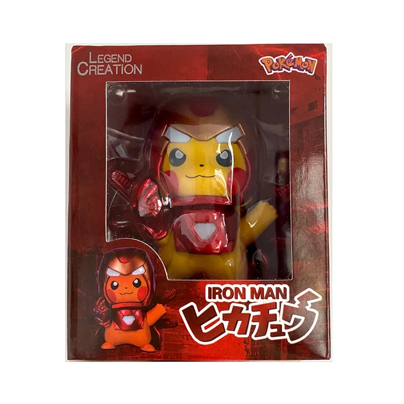 

Hot 10Cm Japan Anime Pokemon Bikachu Cos Spiderman Iron Man Mk85 Boxed Hand Office Pvc Model Collections Cute Modeling Doll Gift