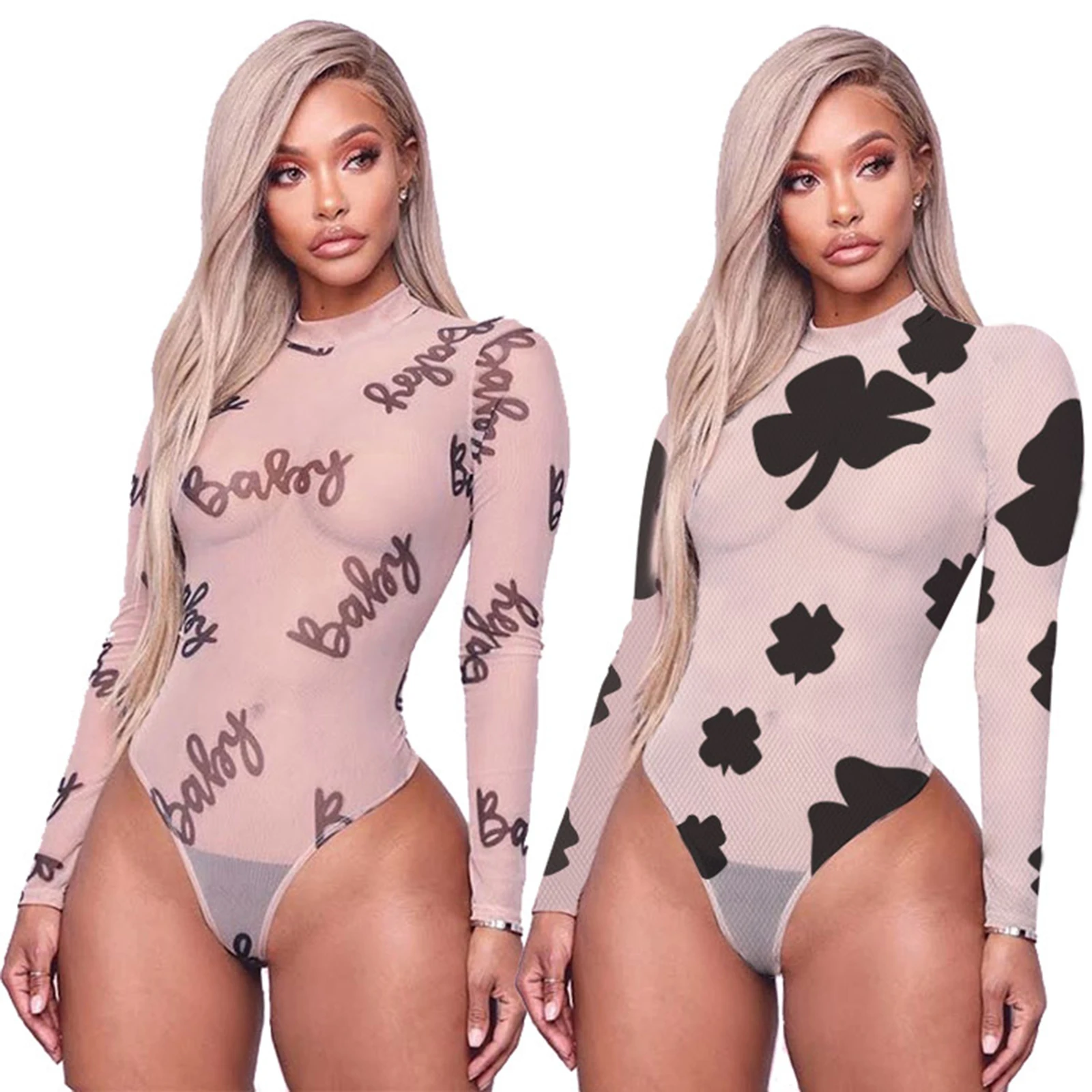 

New Hot Sale Fashion Women Autumn Long-sleeved Bodysuit Fashion Mesh Yarn Printing Perspective Tight-fitting Jumpsuit Wholesale