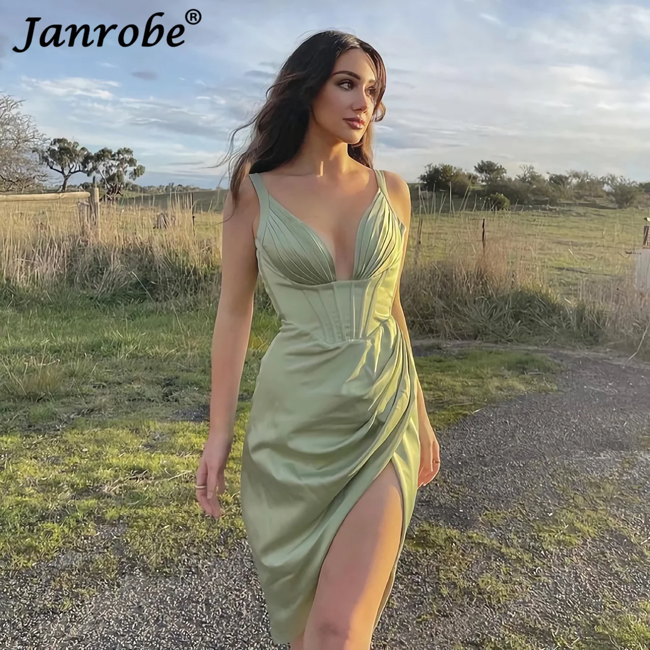 

Janrobe Fashion Satin Pleated Midi Dresses for Women's Autumn V-neck Sexy Split Party Dress Robe Femme Elegant Vestidos Clothing