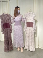 2021 autumn new style japanese sweet wood ear off shoulder knit girdle slim pleated dress female