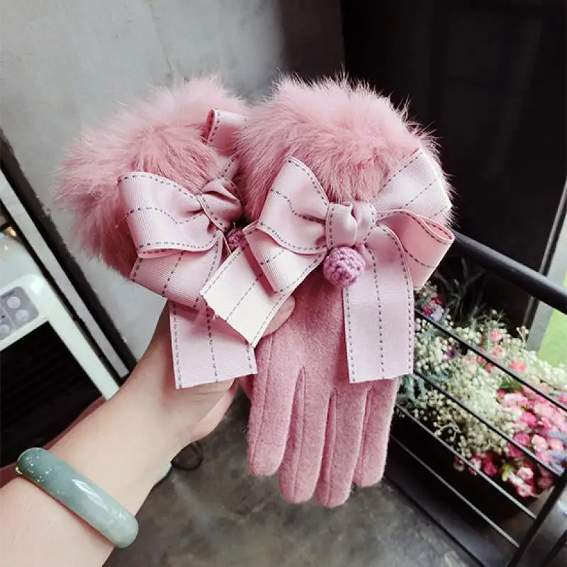 Кашемировые перчатки, шерстяные модные перчатки с бантом, новые корейские теплые перчатки с пятью пальцами для сенсорного экрана