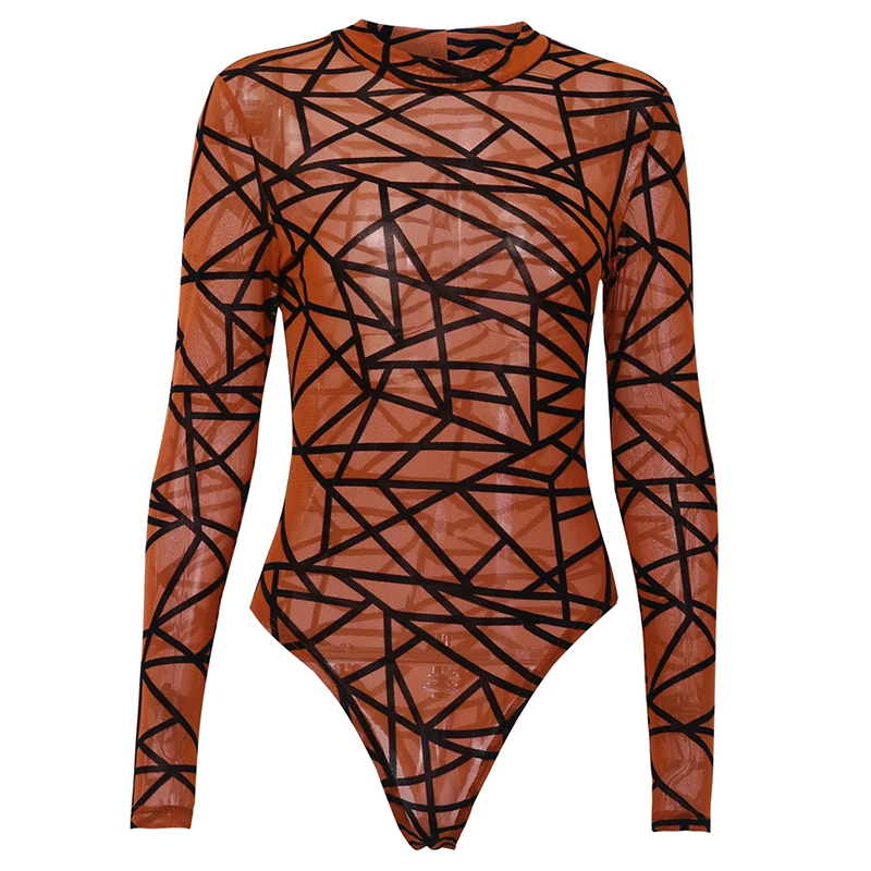 Khaki InstaHot, круглый вырез, сетчатый боди, транспонент, женский, длинный рукав, сексуальная мода, Осенний Повседневный тонкий облегающий комбинезон, женский, хит - Цвет: Khaki