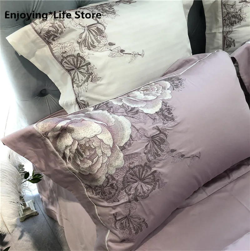 

80S Egyptian Cotton Light Purple Luxury Classical Flower Embroidery Bedding Set Duvet Cover Bed Sheet Bed Linen Pillowcases 4pcs