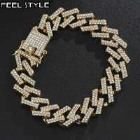 15mm cuban chain bling iced out full rhinestone bracelet geometric aaa cz stone bracelets for men hip hop jewelry