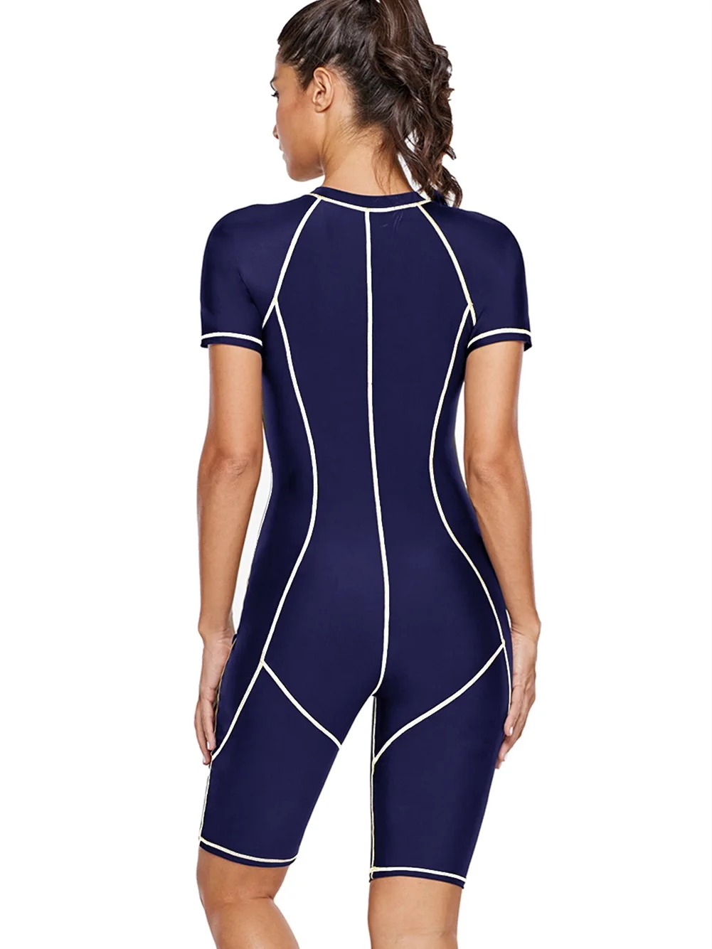 

Womens One Piece Zip Front Surfing Swimsuit Boyshorts Short Sleeve Athletic Swimwear Bathing Suit Summer Color Block Wetsuit