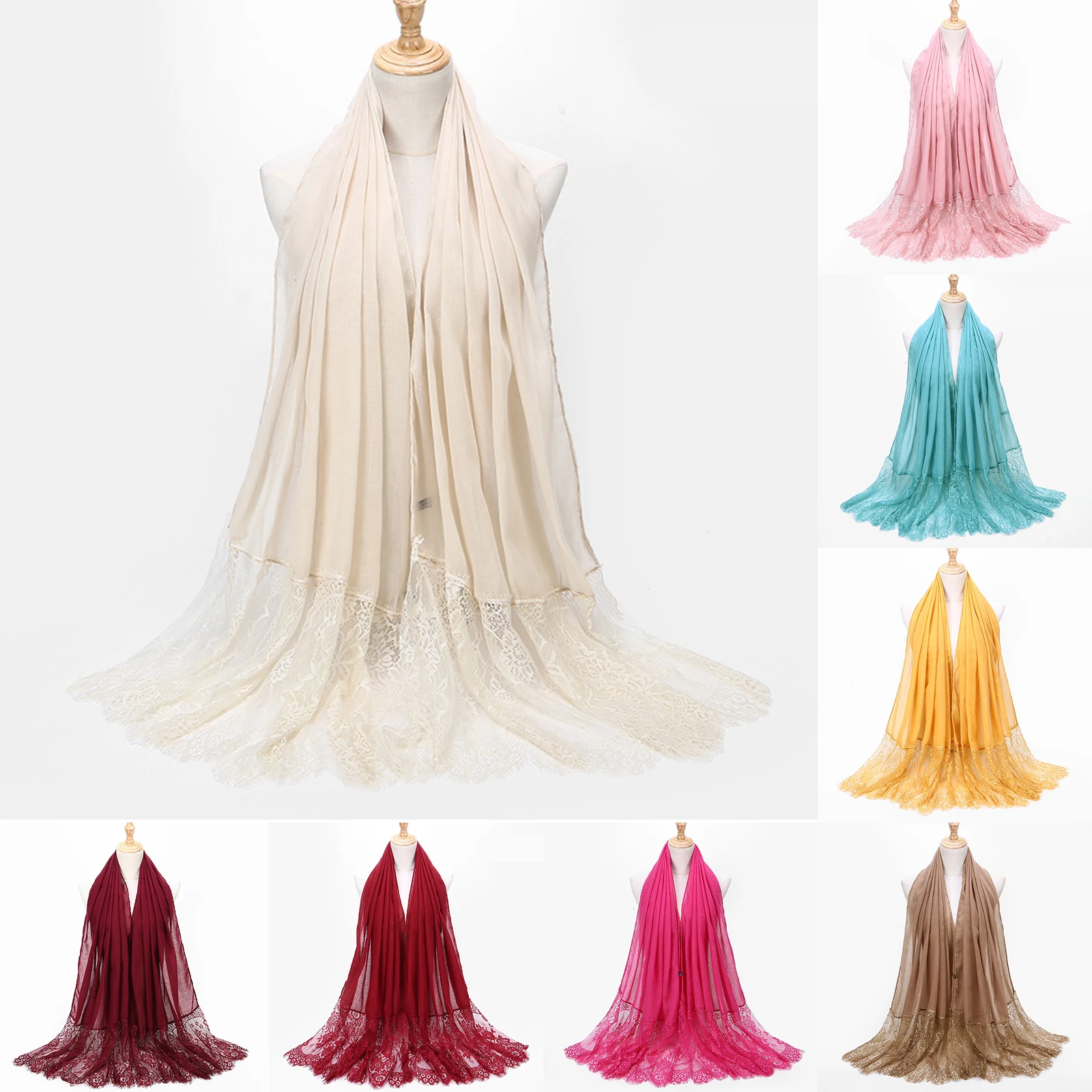 

Women's Lace Hijab Scarf Wrap Solid Color Soft Solid Cotton Head Scarves Turban Shawls and Wrap hijab Femme Musulman Accessories