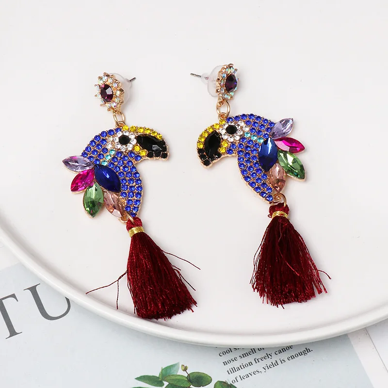2020 ZA Luxury Rhinestone Parrot Drop Earring Women Fashion Long Tassel Earrings Jewelry Female Animal Bird Large Girls | Украшения и