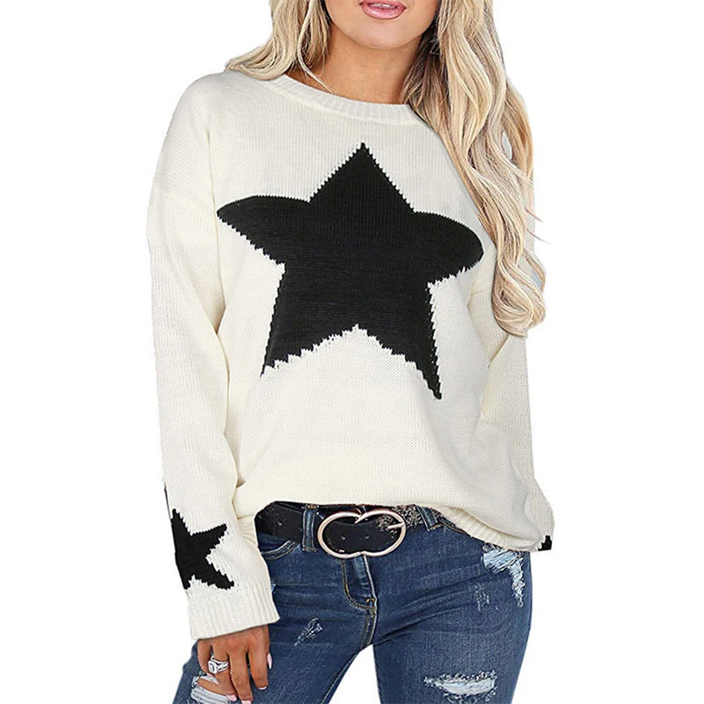 

Женский Осенний пуловер SHZQ в богемном стиле, вязаный свитер со звездами, Свободная рубашка с длинным рукавом и круглым вырезом, облегающие Ж...