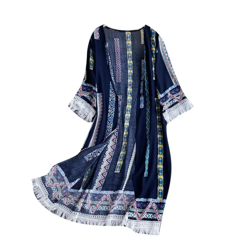 

Spring Summer Women's Jacket Retro Ethnic Style Printed Thin Open Stitch New Tassel Stitching Loose Female Coats QX961