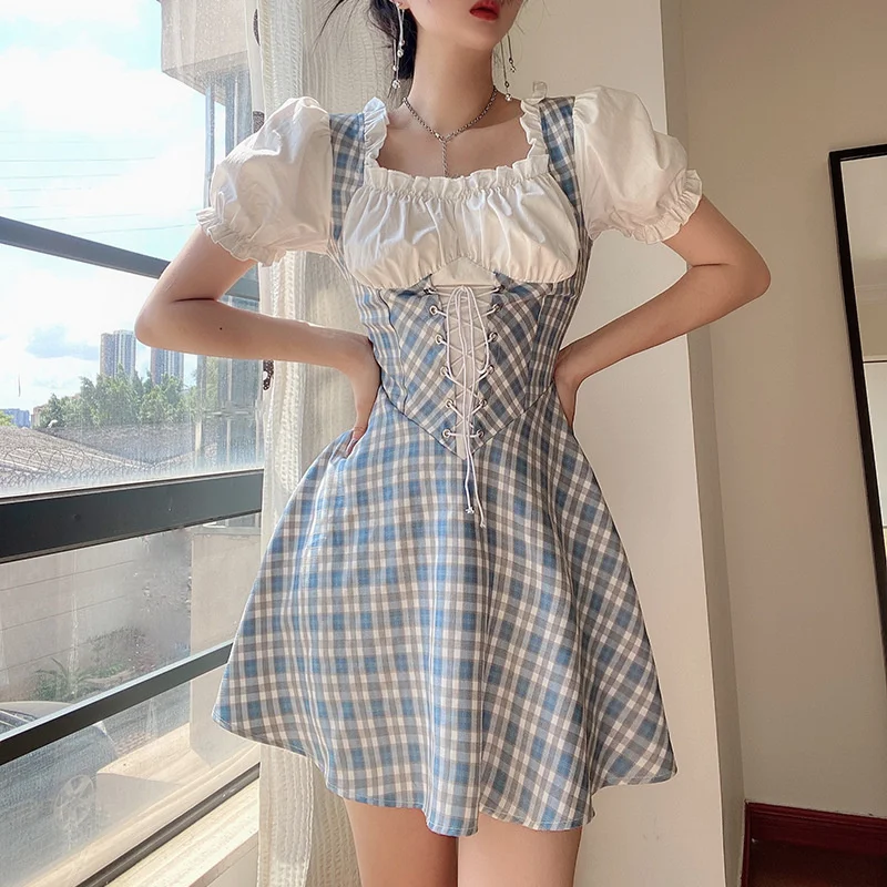 

Новинка 2021, Женская юбка, французская бандажная юбка с закрывающей талией и квадратным вырезом, клетчатая юбка с рукавами-пузырями, Женская ...