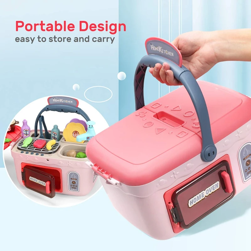

Kids Picnic Basket Toys Portable Picnic Kitchen Toy 4 in 1 Play Oven Grill Cooking Toy Color Changing Foods Playset