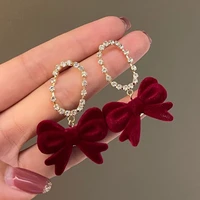 fashion velvet bow drop earrings for women temperament pearl heart red black earring girls party christmas jewelry gifts