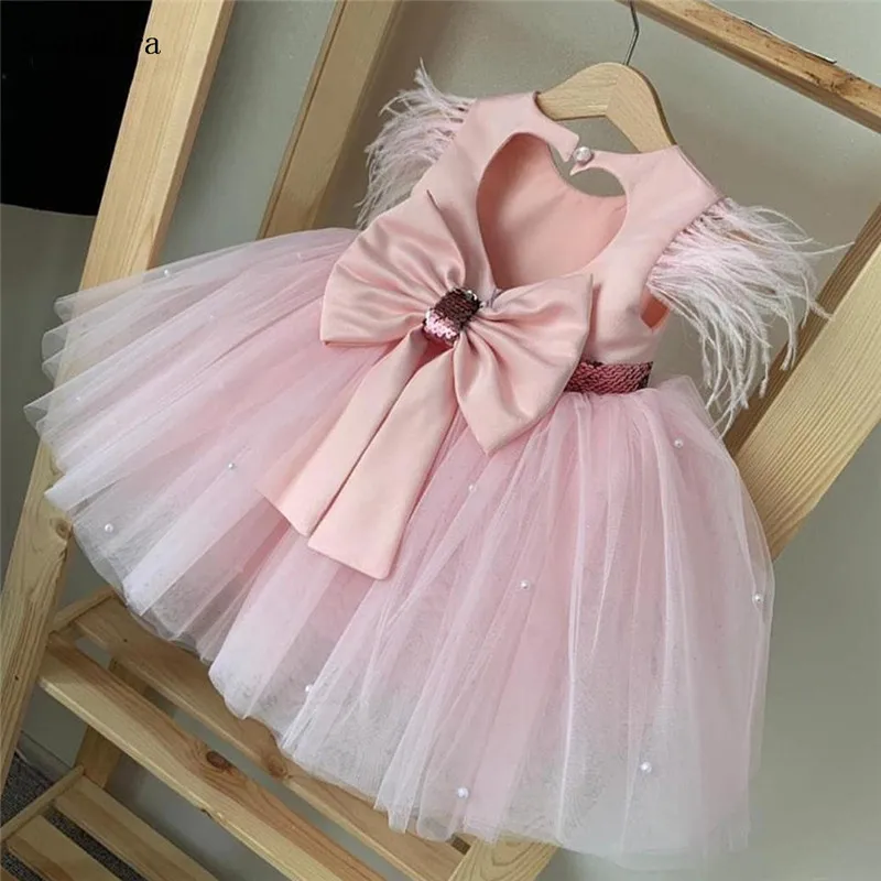 Enlarge Sweet Pink Flower Girls Dresses Bow Sash Puffy Tulle Children Pageant Ball Gown Short Kids Birthday Dress Wears